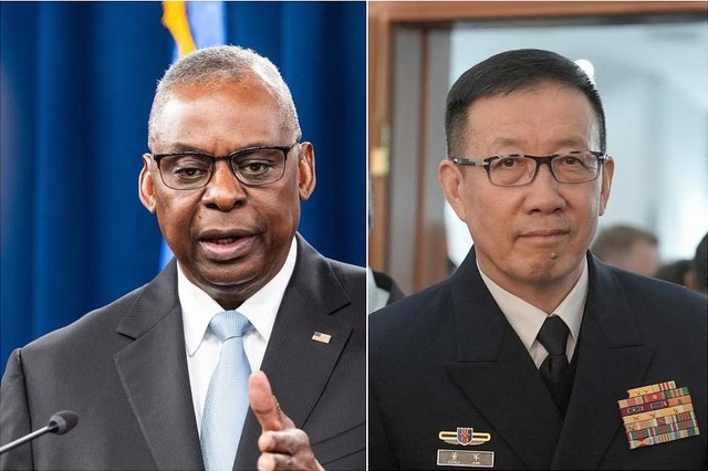 Bộ trưởng Quốc phòng Mỹ Lloyd Austin (trái) và Bộ trưởng Quốc phòng Trung Quốc Đổng Quân  Ảnh: EPA-EFE, REUTERS