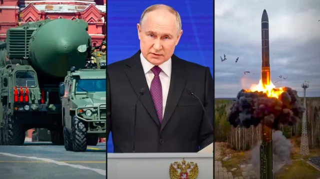 Tên lửa đạn đạo Yars có khả năng mang đầu đạn hạt nhân trong cuộc duyệt binh của Nga năm 2020 (trái), Tổng thống Nga Vladimir Putin (giữa) và tên lửa Yars trong cuộc thử nghiệm ở Nga năm 2022. Ảnh: SBS News