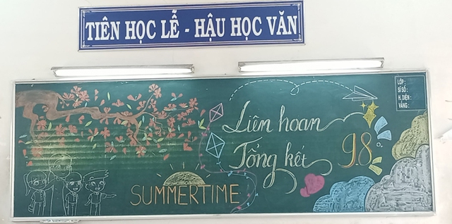 Bảng lớp do em Nguyễn Hồng Linh (học sinh lớp 9/8 Trường THCS Tân Xuân; huyện Hóc Môn, TP HCM) cùng các bạn vẽ trong ngày liên hoan cuối năm Ảnh: HỒNG LINH