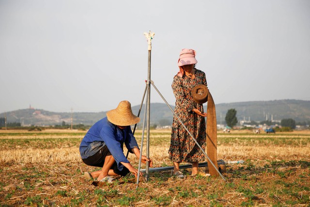 Nông dân củng cố hệ thống tưới tiêu trên đất nông nghiệp để đối phó với nhiệt độ cao và hạn hán ở huyện Bảo Phong, TP Bình Đỉnh Sơn, tỉnh Hà Nam - Trung Quốc hôm 13-6  Ảnh: REUTERS