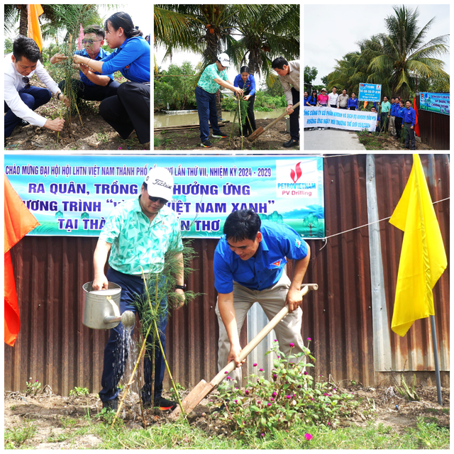 Đại diện Ban Truyền thông và Văn hóa doanh nghiệp Tập đoàn Dầu khí Việt Nam cùng đoàn công tác PV Drilling và đoàn viên thanh niên TP Cần Thơ ra quân trồng cây