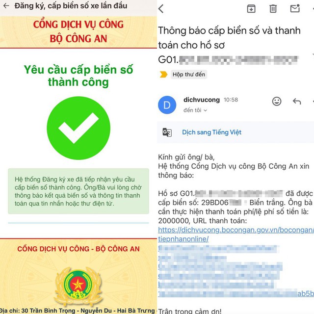 Công dân đầu tiên thực hiện thành công đăng ký xe qua Cổng dịch vụ công Bộ Công an. Ảnh: CỤC CSGT