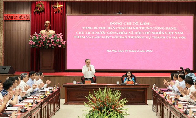 Tổng Bí thư, Chủ tịch nước Tô Lâm phát biểu tại cuộc làm việc với Ban Thường vụ Thành ủy Hà Nội.Ảnh: HUY THANH Tổng Bí thư, Chủ tịch nước Tô Lâm phát biểu tại cuộc làm việc với Ban Thường vụ Thành ủy Hà Nội.Ảnh: HUY THANH