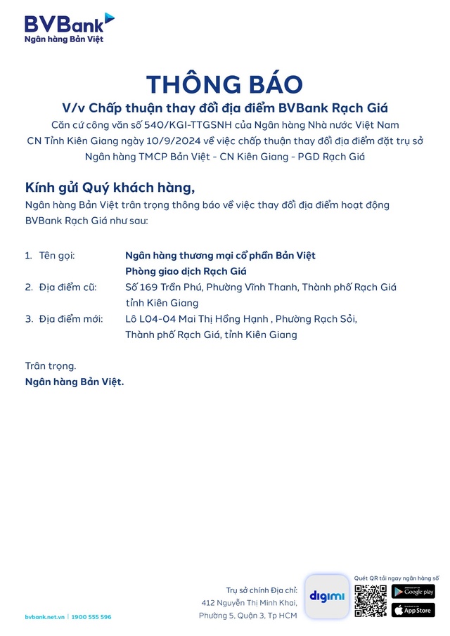 Thay đổi địa điểm hoạt động BVBank Rạch Giá- Ảnh 1.