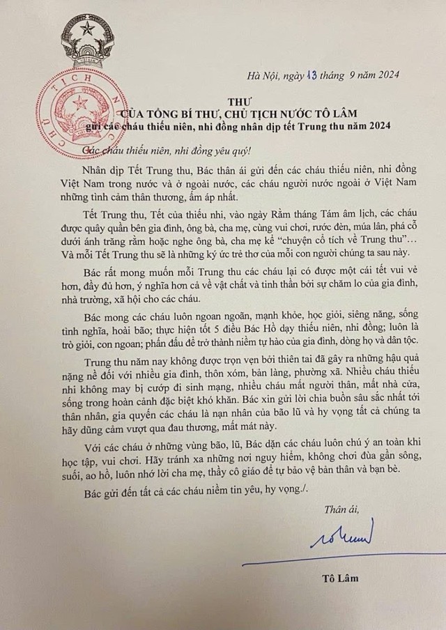 Tổng Bí thư, Chủ tịch nước Tô Lâm gửi thư xúc động chúc Tết Trung thu thiếu niên, nhi đồng- Ảnh 2.