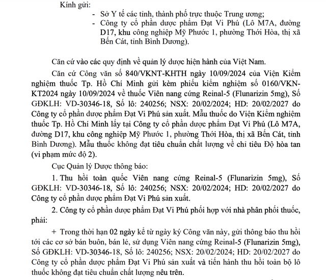 Thu hồi lô thuốc trị đau đầu không đạt chất lượng- Ảnh 1.