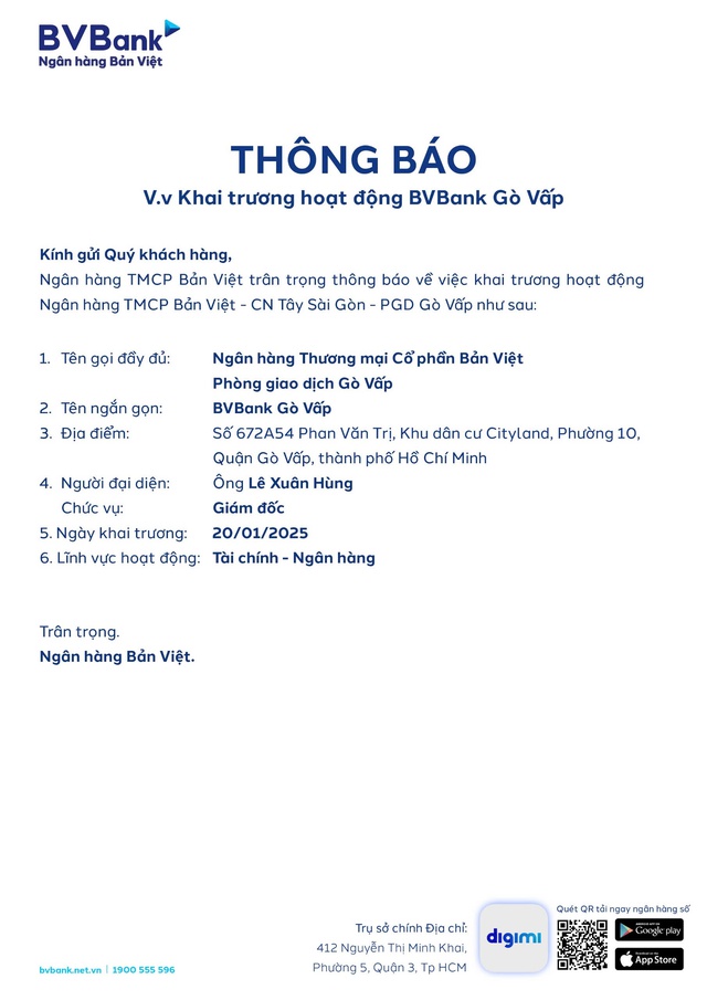 Khai trương hoạt động BVBank Gò Vấp - Ảnh 1.