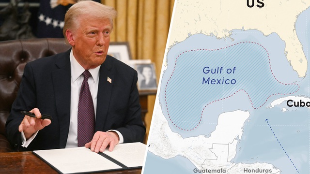 Ông Trump ký sắc lệnh đổi tên Vịnh Mexico thành Vịnh Mỹ chỉ vài giờ sau khi tuyên thệ nhậm chức ngày 20-1. Ảnh: NBC DFW