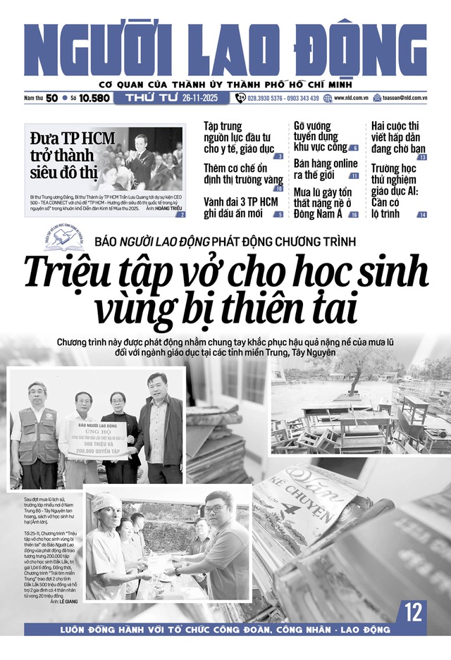 Báo in Người Lao Động 26-11: Triệu tập vở cho học sinh vùng bị thiên tai - Ảnh 1.
