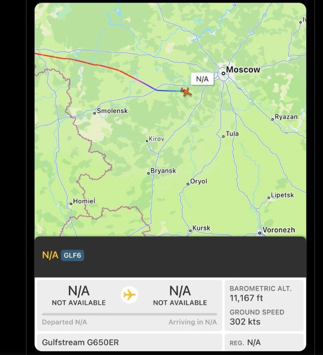Lộ trình của chiếc máy bay Gulfstream G650ER. Ảnh: OSINTdefender/X