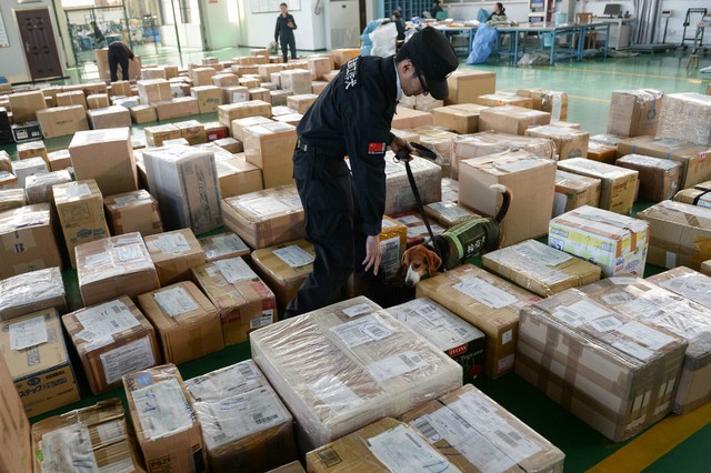 A customs officer uses a dog to check for illegal substances at an e-commerce industrial park in Hefei, Anhui province, that mainly deals with cross-border businesses. ZHANG DUAN/XINHUA