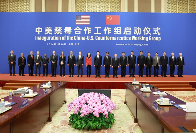 Chinese State Councilor Wang Xiaohong, also director of the China National Narcotic Control Committee, meets with a United States interagency delegation led by Deputy Assistant to the U.S. President and Deputy Homeland Security Advisor Jen Daskal, and announces the inauguration of the China-U.S. Counternarcotics Working Group in Beijing, capital of China, Jan. 30, 2024. [Photo/Xinhua]