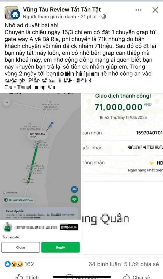 Đi Grab 71.000 đồng, hành khách chuyển nhầm thành 71 triệu đồng- Ảnh 1.