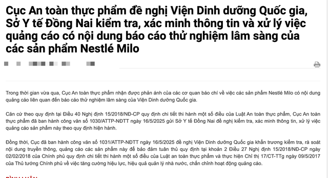 Bộ Y tế yêu cầu làm rõ vụ quảng cáo Nestlé Milo gắn tên Viện Dinh dưỡng- Ảnh 1. Bộ Y tế yêu cầu làm rõ vụ quảng cáo Nestlé Milo gắn tên Viện Dinh dưỡng- Ảnh 1.