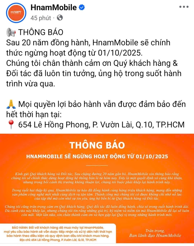 Chuỗi cửa hàng bán lẻ điện thoại HnamMobile gần 20 năm tại TP HCM bất ngờ thông báo đóng cửa - Ảnh 1.