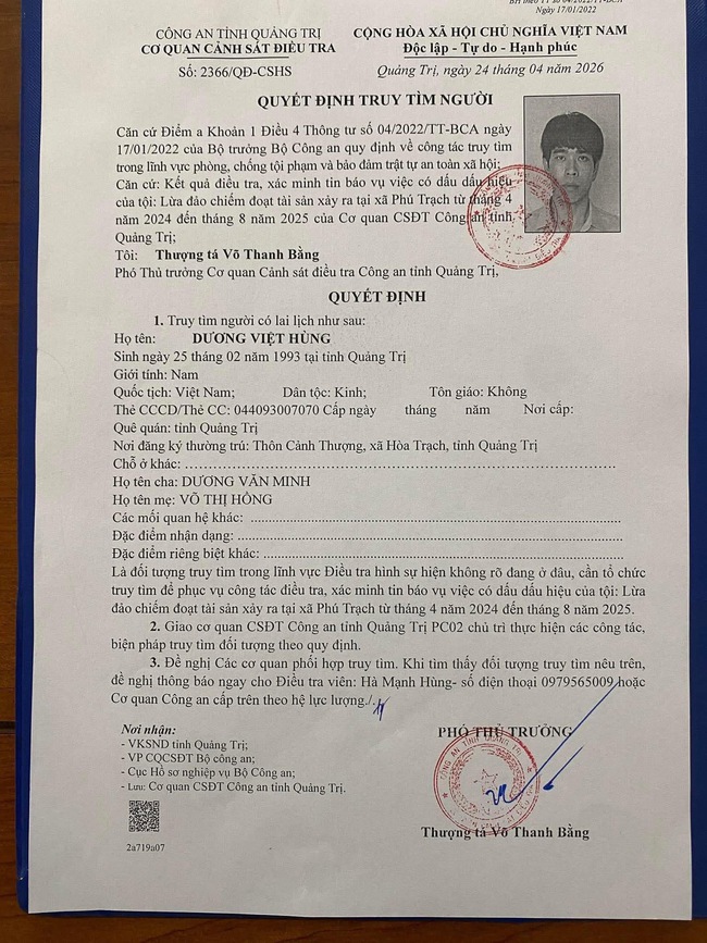 C&ocirc;ng an tỉnh Quảng Trị truy t&igrave;m Dương Viết H&ugrave;ng trong vụ lừa đảo t&agrave;i sản - Ảnh 1.