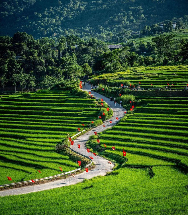 Du khách thích thú với đường cờ Tổ quốc đẹp như tranh vẽ ở Pù Luông- Ảnh 1.