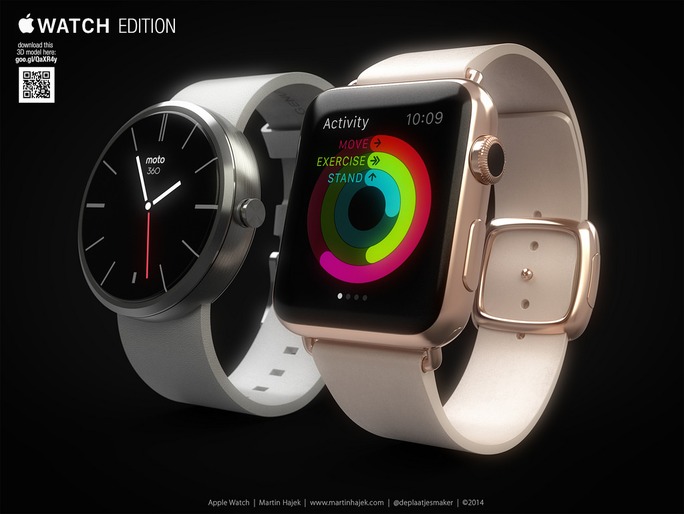 Apple Watch dây da (phải) bên cạnh Moto 360.