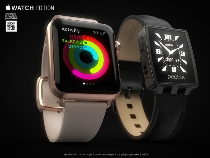 Apple Watch dây da (trái) bên cạnh Pebble.