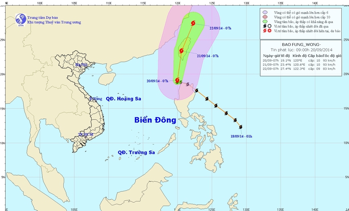 Vị trí và hướng di chuyển của bão Fung-Wong - Nguồn: Trung tâm Dự báo khí tượng thủy văn trung ương