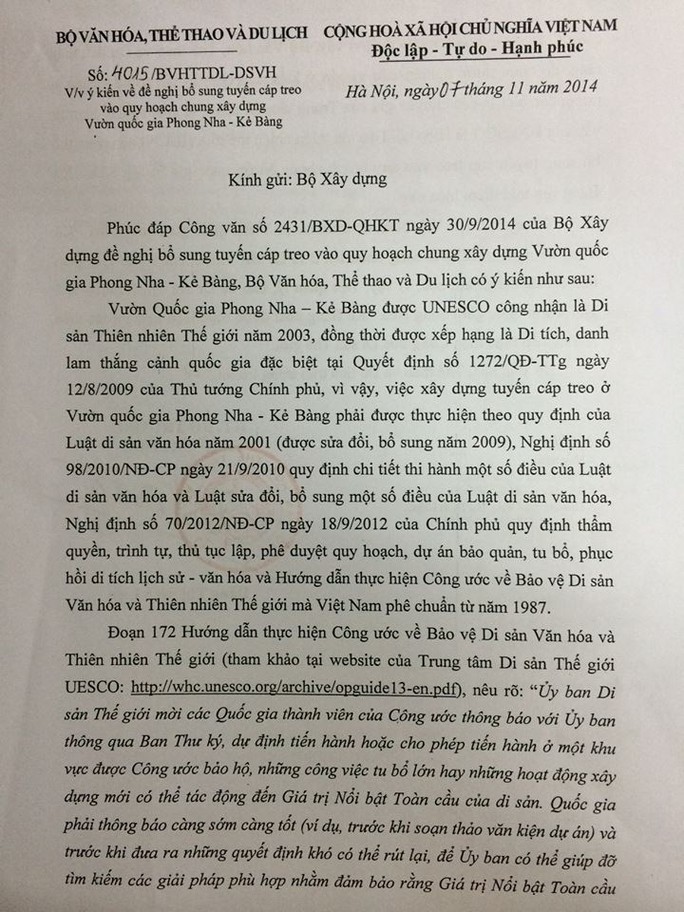 Công văn Bộ VH-TT-DL trả lời Bộ Xây dựng, từ chối bổ sung cáp treo Sơn Đoòng vào quy hoạch xây dựng Vườn quốc gia Phong Nha - Kẻ Bàng