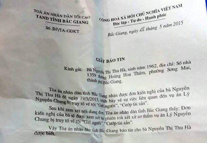 Giấy mời của TAND tỉnh Bắc Giang tới bà Hà với tư cách là nhân chứng Giấy mời của TAND tỉnh Bắc Giang tới bà Hà với tư cách là nhân chứng