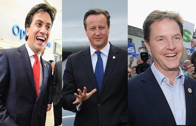 Ba thủ lĩnh các đảng chính ở Anh: Ed Miliband (Công đảng), David Cameron (Bảo thủ), Nick Clegg (Dân chủ tự do) đều tích cực chạy đua tranh cử tới phút chót Ảnh: INDEPENTDENT
