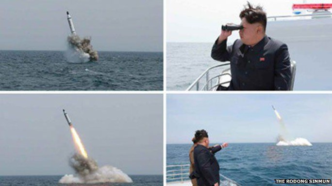 Nhà lãnh đạo Kim Jong-un đang chú ý quan sát vụ thử tên lửa từ tàu ngầm. Ảnh: The Rodong Sinmun