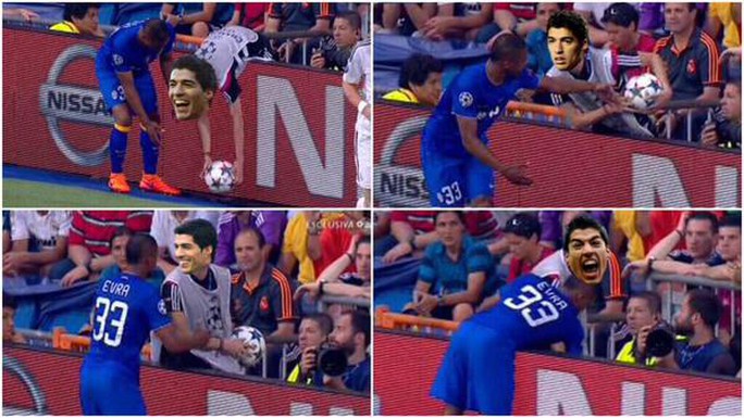 Ảnh chế: Evra đang giành bóng với kẻ thủ Suarez. Cả hai sẽ đối đầu trong trận chung kết vào ngày 7-6 tới