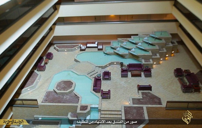 Expensive: One aerial shot reveals how the the hotels main lounge area is dominated by an elaborate water feature that includes a mini-waterfall cut into the marble flooring. The whole scene can be admired from  burgundy leather sofas dotted around the atrium