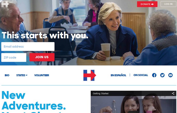 Giao diện website tranh cử của bà Hillary Clinton Ảnh: hillaryclinton.com