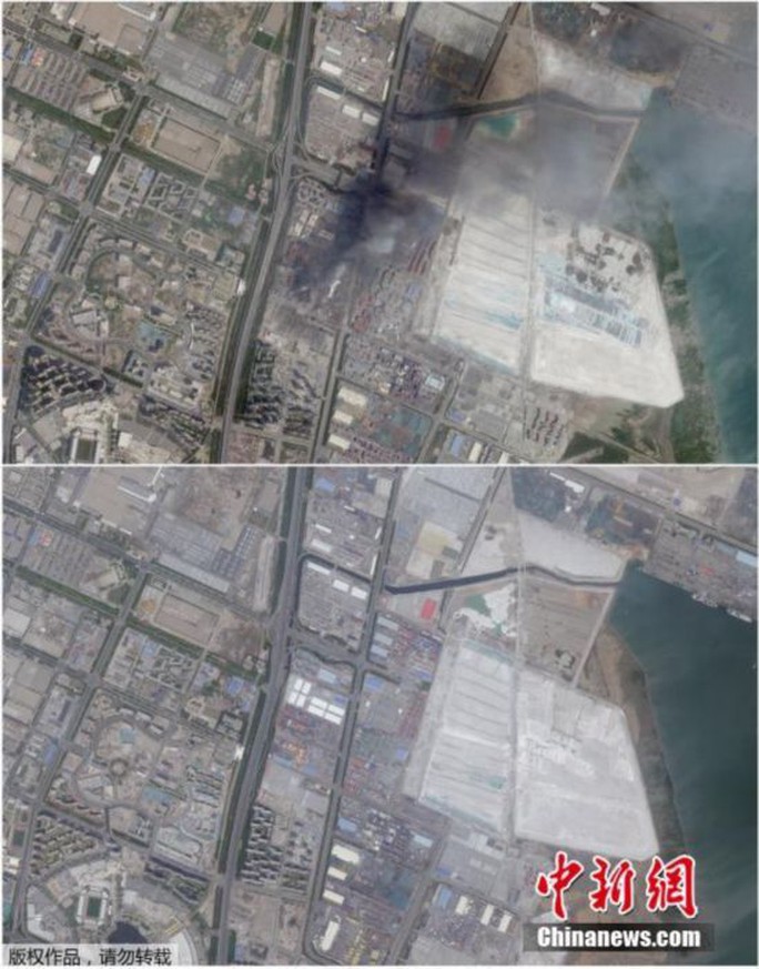 Hình ảnh sau (trên) và trước của một khu vực bị tàn phá trong cảng Thiên Tân. Ảnh: Google