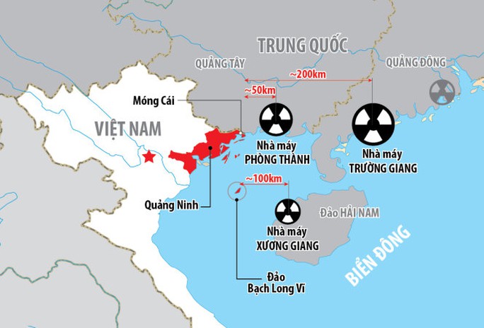 Vị trí ba nhà máy điện hạt nhân của Trung Quốc gần biên giới Việt Nam - Đồ họa: Báo Tuổi trẻ