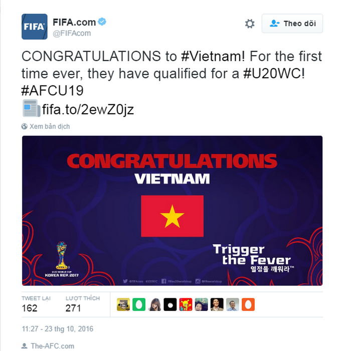 Trang twitter của FIFA gửi lời chúc mừng đến đội tuyển U19 Việt Nam