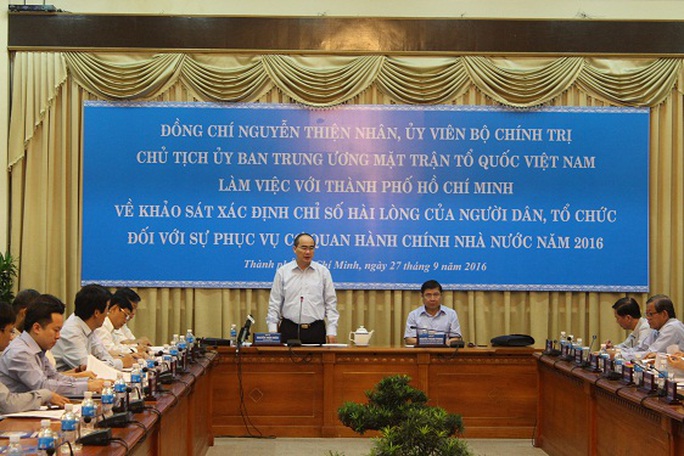 
Ông Nguyễn Thiện Nhân, Chủ tịch Ủy ban Trung ương Mặt trận tổ quốc Việt Nam phát biểu tại buổi làm việc với UBND TP HCM. Ảnh Bảo Nghi
