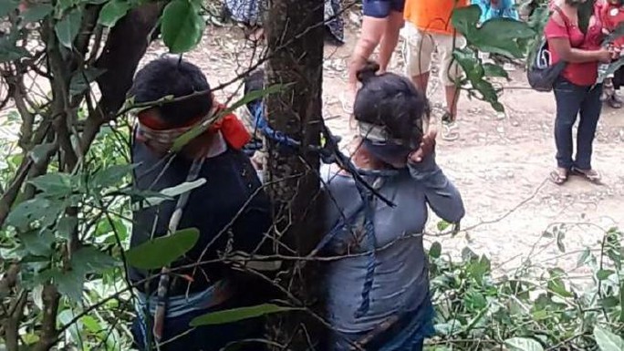 
Ba nạn nhân bị trói vào một cái cây đầy kiến lửa Brazil. Ảnh: Facebook
