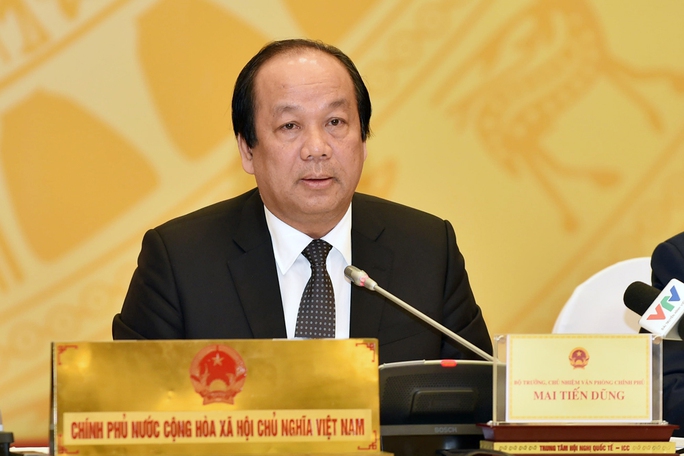 Bộ trưởng, Chủ nhiệm Văn phòng Chính phủ Mai Tiến Dũng chủ trì buổi họp báo Chính phủ vào ngày 3-4 Ảnh: THẾ DŨNG