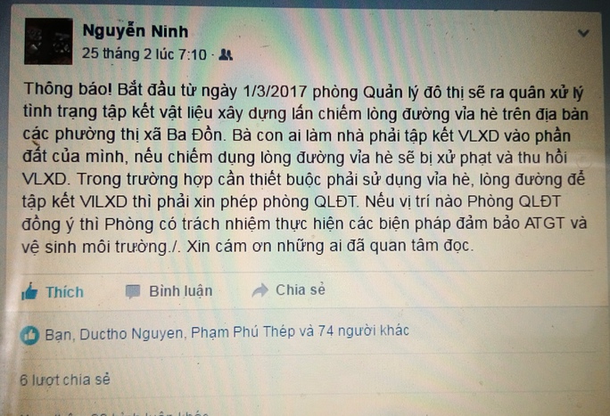 Ông Nguyễn Văn Ninh đăng đàn Facebook để bà con “tự xử” vỉa hè rất được người dân đồng tình ủng hộ