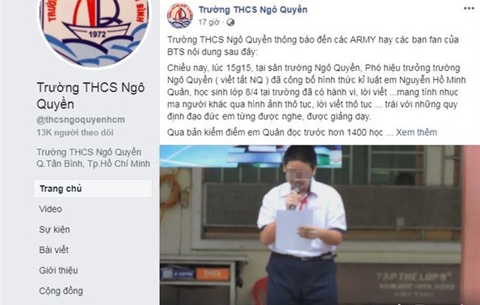 Bộ GD-ĐT lên tiếng vụ nam sinh bị kỷ luật vì xúc phạm nhóm BTS - Ảnh 1. Bộ GD-ĐT lên tiếng vụ nam sinh bị kỷ luật vì xúc phạm nhóm BTS - Ảnh 1.
