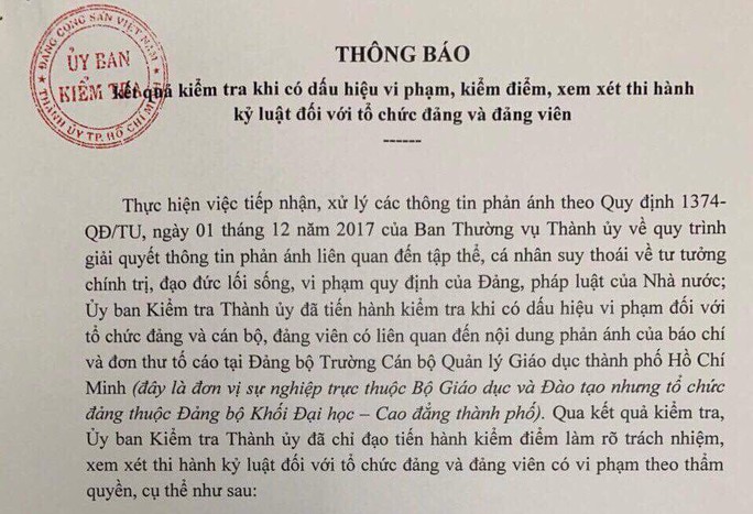 TP HCM: Kỷ luật nhiều cán bộ lãnh đạo Trường Cán bộ Quản lý Giáo dục TP - Ảnh 1.