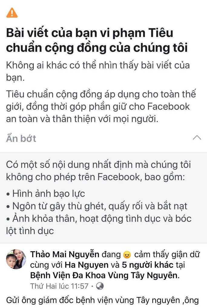 Vụ thư gửi giám đốc bệnh viện gây xôn xao: Facebook ẩn bài viết vì vi phạm tiêu chuẩn cộng đồng - Ảnh 1. Vụ thư gửi giám đốc bệnh viện gây xôn xao: Facebook ẩn bài viết vì vi phạm tiêu chuẩn cộng đồng - Ảnh 1.