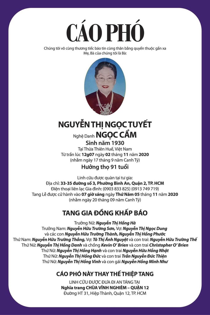 Nữ danh ca Ngọc Cẩm qua đời, thọ 91 tuổi - Ảnh 2. Nữ danh ca Ngọc Cẩm qua đời, thọ 91 tuổi - Ảnh 2.