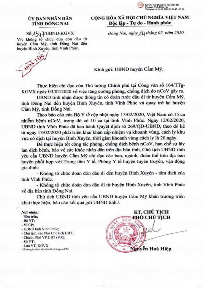 Một đám cưới ở Đồng Nai không tổ chức ra Vĩnh Phúc đón dâu để phòng chống dịch - Ảnh 1. Một đám cưới ở Đồng Nai không tổ chức ra Vĩnh Phúc đón dâu để phòng chống dịch - Ảnh 1.