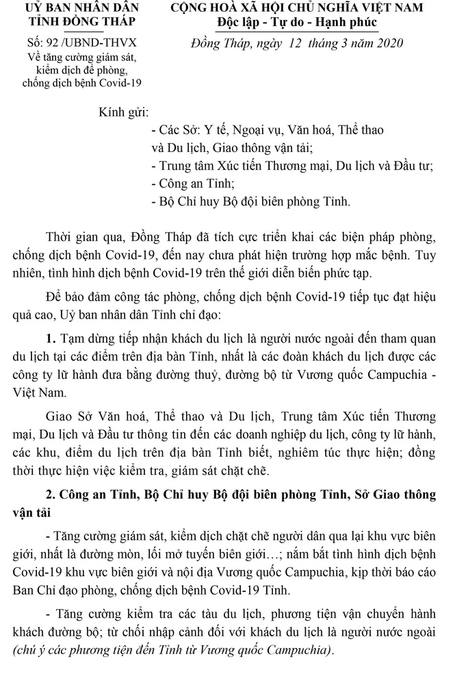 Đồng Tháp tạm dừng tiếp nhận khách du lịch nước ngoài trước dịch Covid-19 - Ảnh 1.