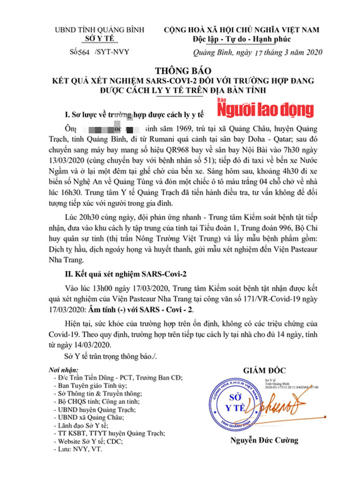 Người đàn ông Quảng Bình bay cùng bệnh nhân thứ 51, âm tính với Covid-19 - Ảnh 1. Người đàn ông Quảng Bình bay cùng bệnh nhân thứ 51, âm tính với Covid-19 - Ảnh 1.