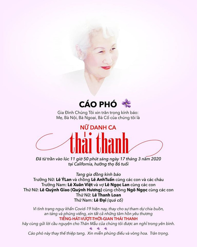 Gia đình danh ca Thái Thanh xin miễn phúng viếng - Ảnh 2. Gia đình danh ca Thái Thanh xin miễn phúng viếng - Ảnh 2.