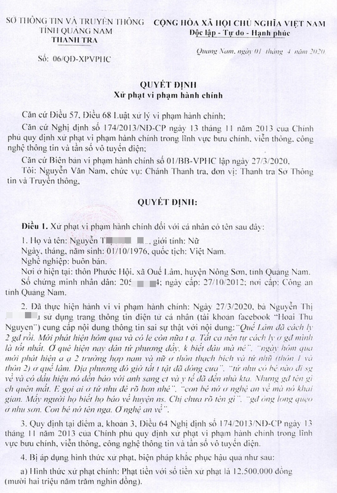 Bị xử phạt 12,5 triệu đồng vì lên Facebook nói cách ly 2 gia đình - Ảnh 1.