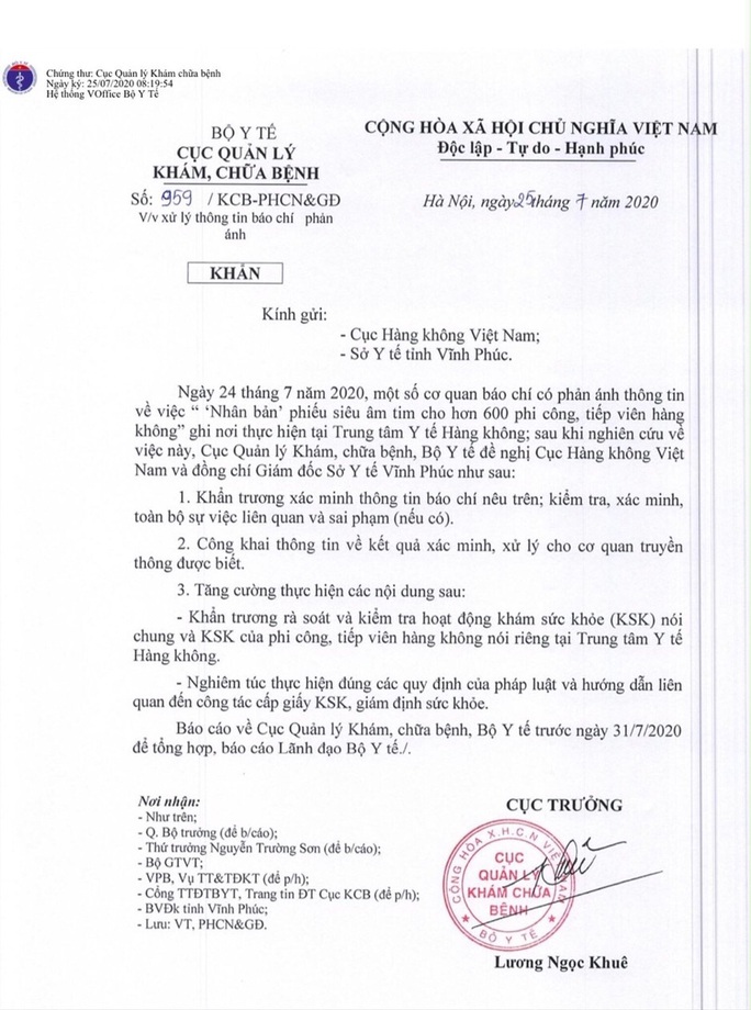 Bộ Y tế yêu cầu báo cáo việc nhân bản phiếu siêu âm tim cho phi công, tiếp viên - Ảnh 1. Bộ Y tế yêu cầu báo cáo việc nhân bản phiếu siêu âm tim cho phi công, tiếp viên - Ảnh 1.