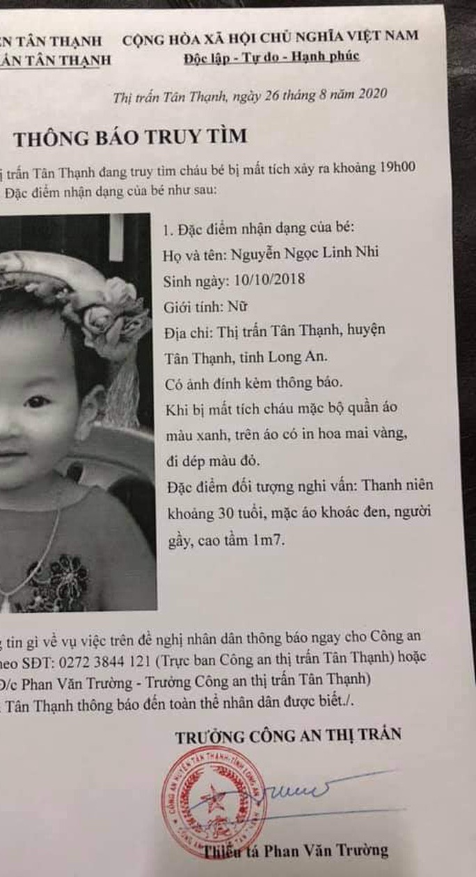 Sự thật vụ bé gái 2 tuổi ở Long An bị mất tích lan truyền trên mạng xã hội - Ảnh 1. Sự thật vụ bé gái 2 tuổi ở Long An bị mất tích lan truyền trên mạng xã hội - Ảnh 1.
