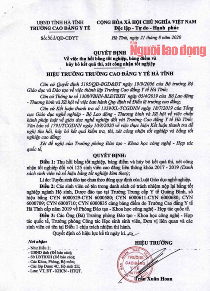 125 học viên cao đẳng liên thông ngành y ở Quảng Bình bất ngờ bị thu hồi bằng tốt nghiệp - Ảnh 2. 125 học viên cao đẳng liên thông ngành y ở Quảng Bình bất ngờ bị thu hồi bằng tốt nghiệp - Ảnh 2.